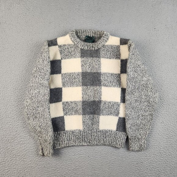 Vtg Wool Sweater Medium Black White Gray Checkered Pullover Boys Youth Unisex - Picture 1 of 11
